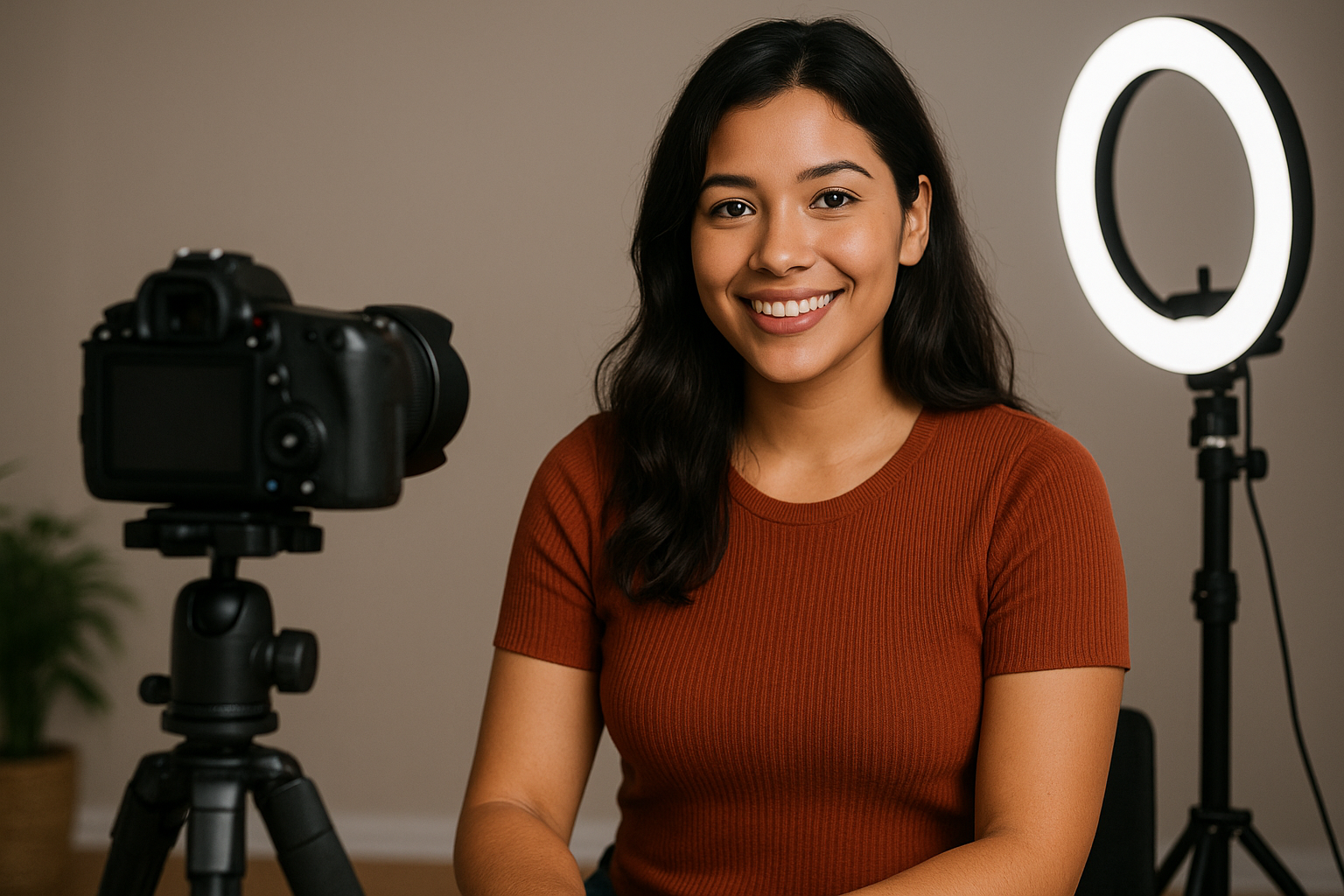 Latina woman recording content for Erome platform