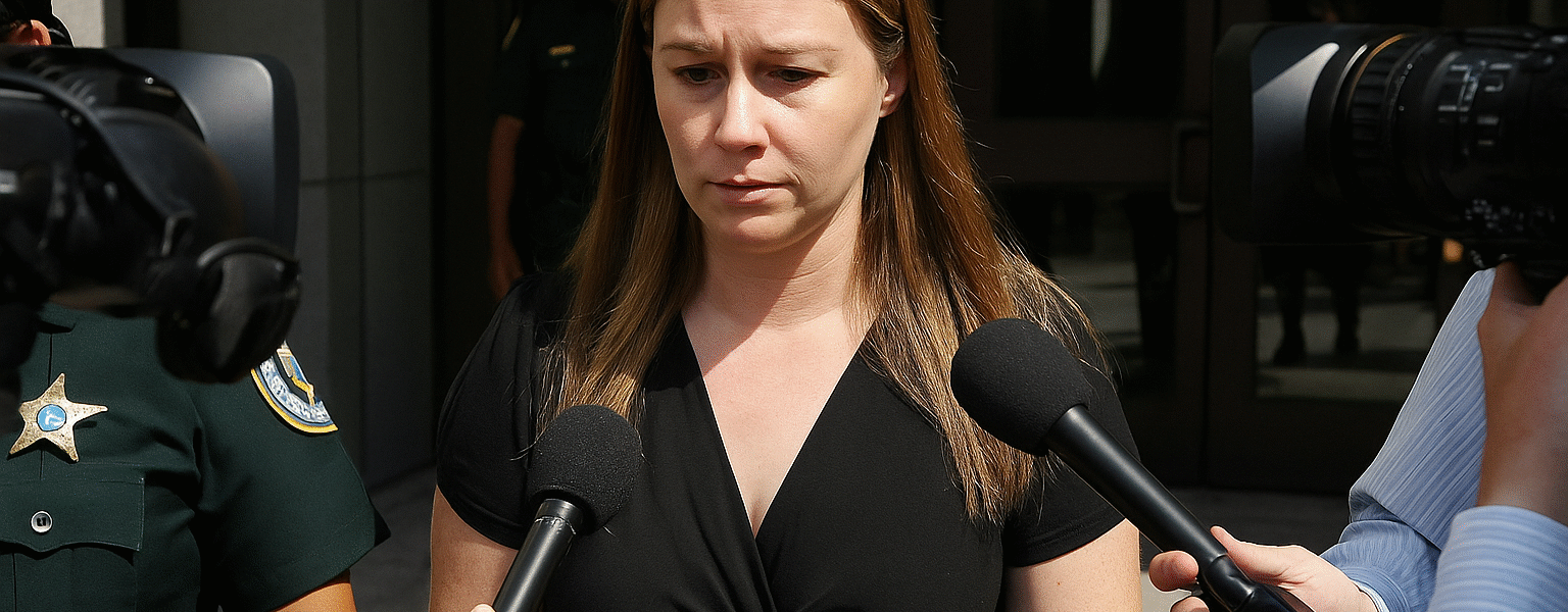Amanda Brumfield court case coverage with media cameras outside a courthouse.