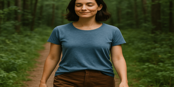 Woman walking peacefully in forest embracing nometre lifestyle