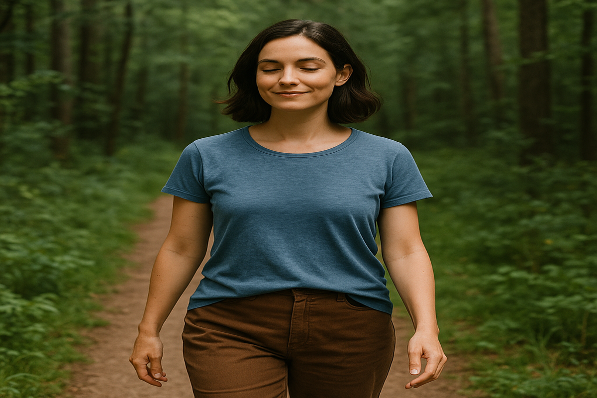 Woman walking peacefully in forest embracing nometre lifestyle